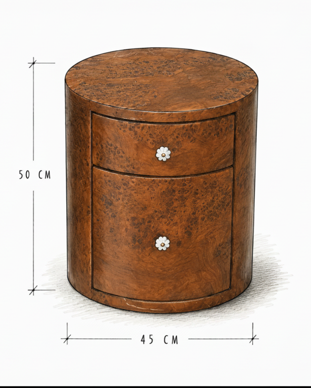 A cylindrical wooden nightstand with two drawers, shown on a white background with dimension lines indicating a height of 50 cm and width of 45 cm.